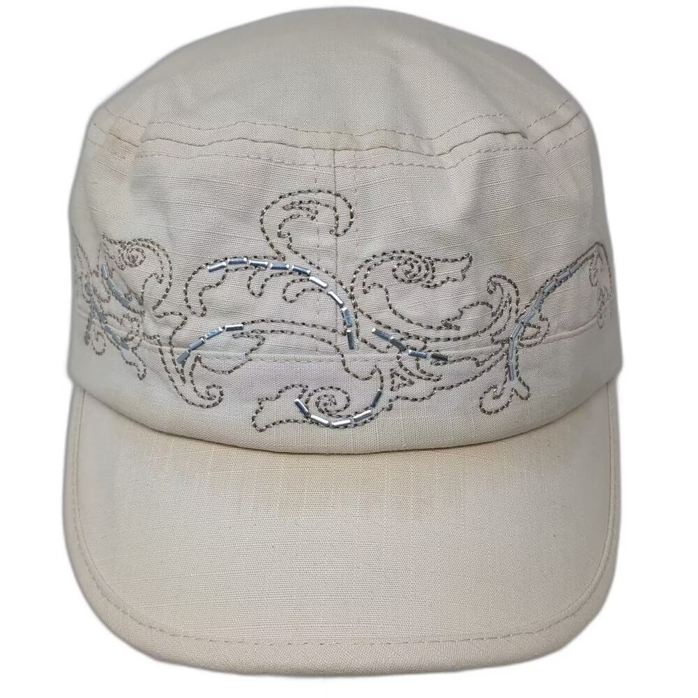 Scala Pronto Beige Army Cap Hat One Size Embroidered Beaded Floral Adjustable